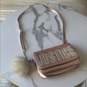 Justice Metallic Pink Crossbody Bag with Pom Pom